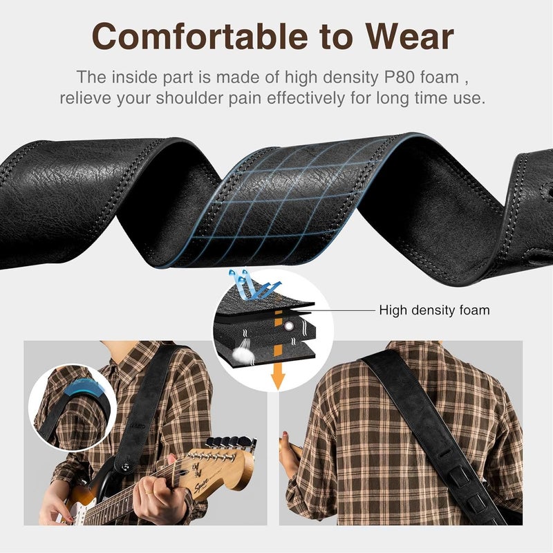 LEKATO Leathers Guitar Strap 2.5" Wide Padded Bass Strap Soft Comfortable with High Density Form Pad, Adjustable Length from 41" to 51" for Electric/Acoustic Guitar Bass,Black - Image 2